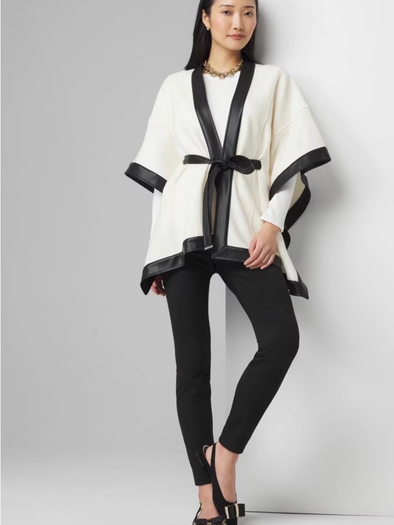 White House Black Market Cream Poncho With Black Trim And Tie